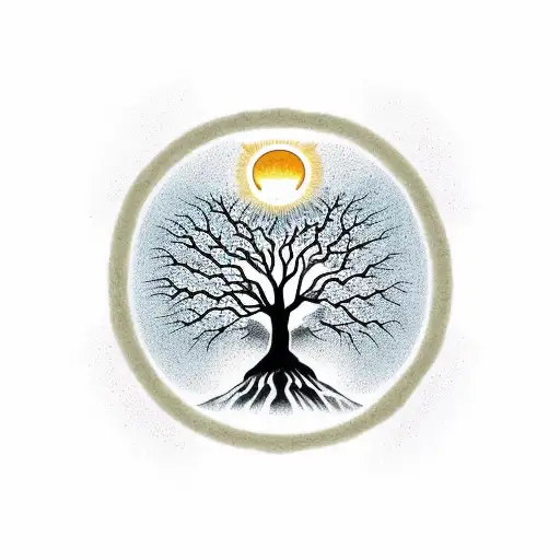 Upper-angle View Of A Tree Of Life On A Hill With The Sun In The Sky And A Shadow Of A Guy And Son