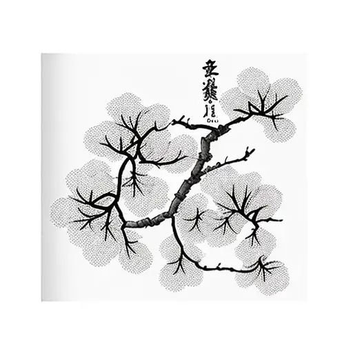 Black And White Cherry Blossom Branches With Japanese Kanji