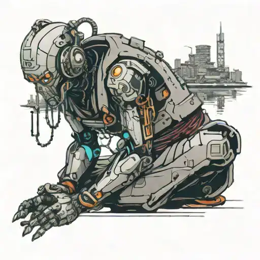 A Robot Monk With Led Eyes Meditating With A Cyberpunk Tokyo-like City Behind It