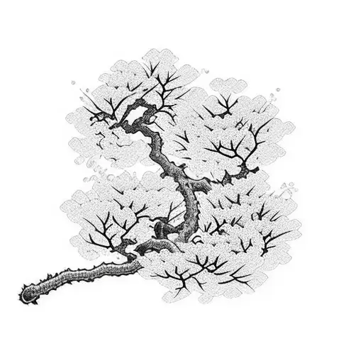Upper Arm Black And White Cherry Blossom Branches With Japanese Kanji