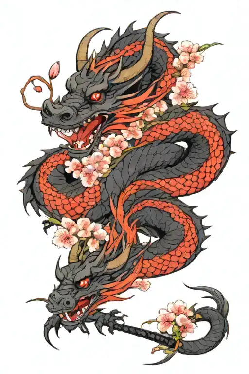 Black Dragon Wrapping Around Down And A Red Dragon Wrapping Around Going Up With Cherry Blossoms