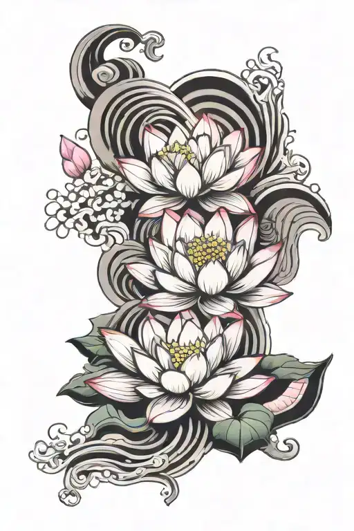 Half Sleeve Tattoo With Pink Lotus Flower Blooming Also Wave