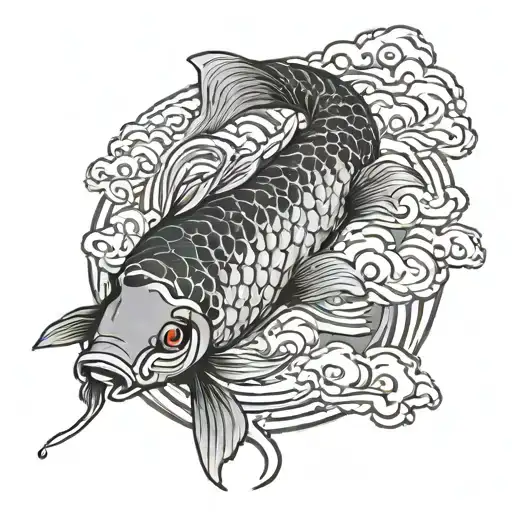 A Black And Grey Japanese Koi Fish Swimming Up A Japanes Waterfall