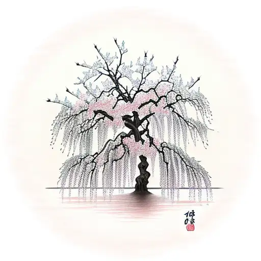 Weeping Willow Tree Portrait Surrounded By Cherry Blossoms At Sunrise