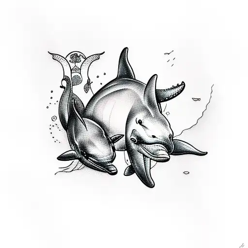 Three Dolphin And A Girl In Centre