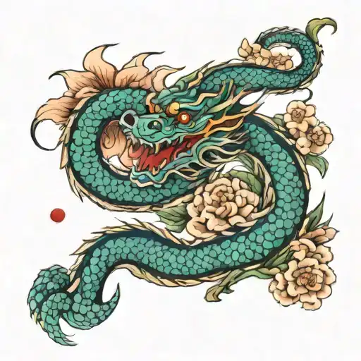 Dragon With Flowers With A Mountian Background Half Sleeve