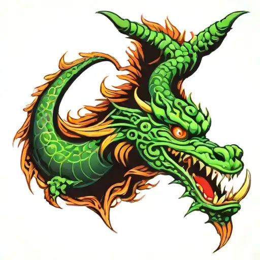 Japanese Dragon With 3 Pair Of Horns 6 Eyes And Angry Open Mouth In Green Toxic Color