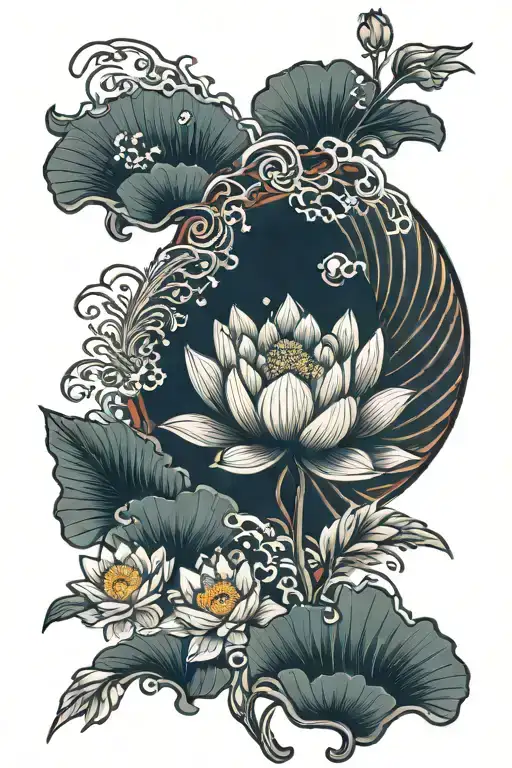 Half Sleeve Tattoo Japanesse With Lotus Flower Blooming