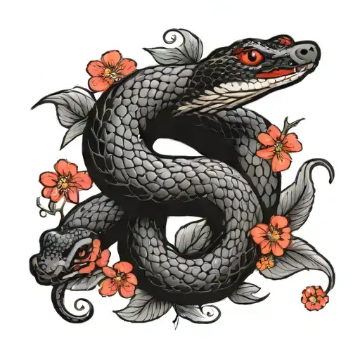 Black Non Realistic Snake With Red Flowers Wrapped Around The Flowers
