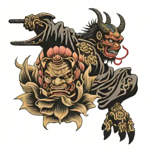 Samurai Loto Flower And Japanese Demon