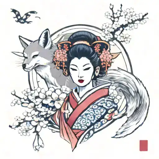 Geisha With Fox Mask In Front Of A Roman Numeral Clock Surrounded By Sakura Flowers