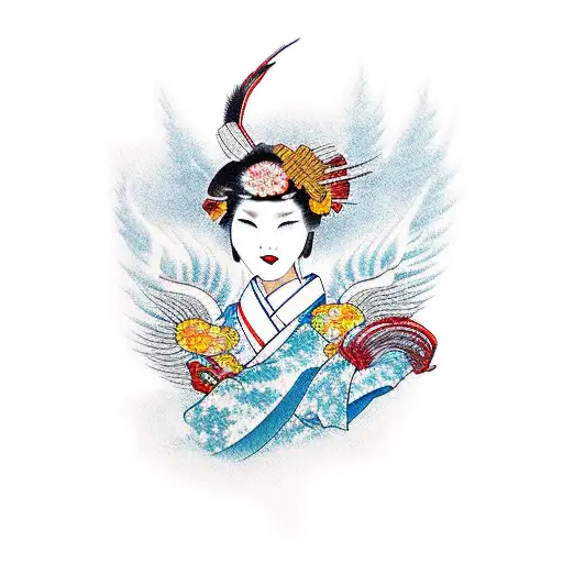Geisha With Kimono That Turns Into A Phoenix