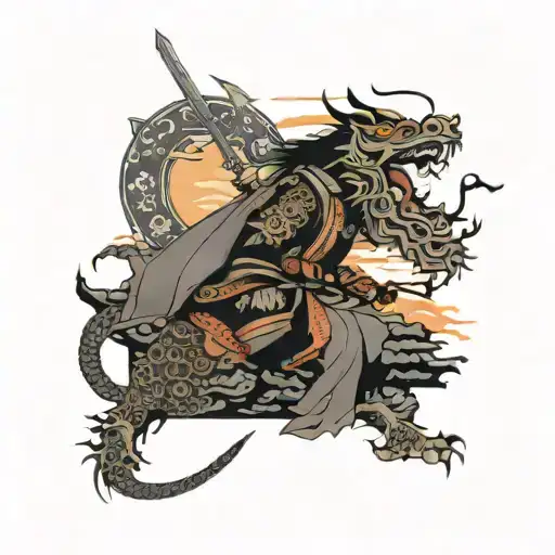 Samurai On Battlefield At Sunset With Temple Behind Him With Flying Dragon