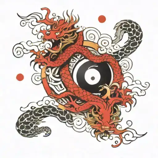 Japanese Style Dragons Flying Towards On Ying Yang Background