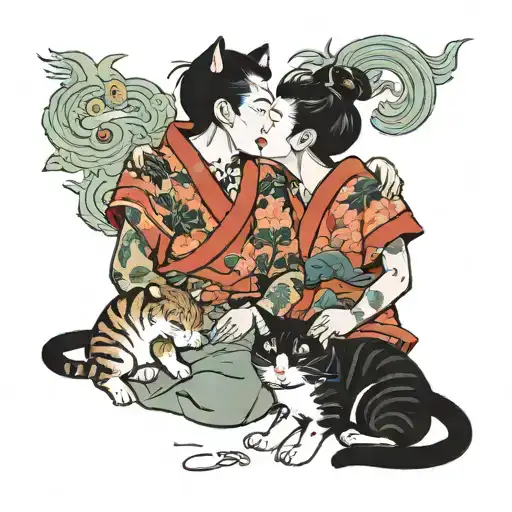 Girl Kisses Guy And Two Cats