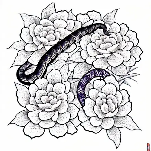 Black Mamba Snake And Hydrangeas And Peonies