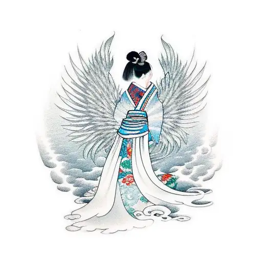 Geisha With Kimono That Turns Into A Phoenix At The Bottom