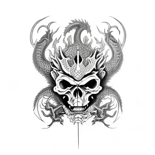 Jappannese Pattrens Black And Wihte Scull Dragon