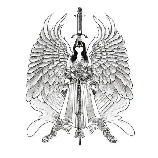 Angel With Long Wings Wearing Ancient Armor Holding A Sword And A Shield