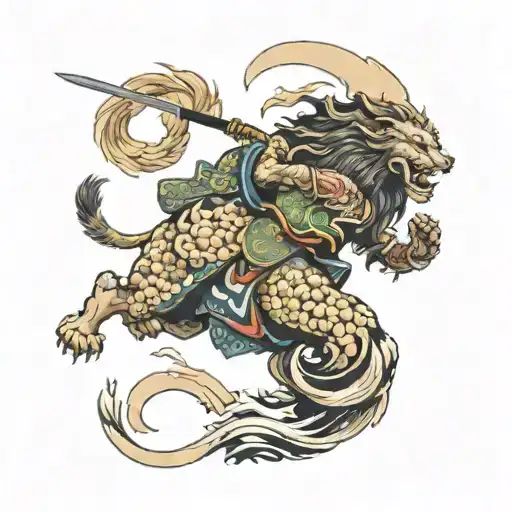 Lion Being Ridden Into Battle With An Angelic Warrior