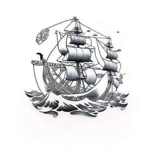 A Large Pirateship With A Skeleton Crew Sailing In Rough Waters