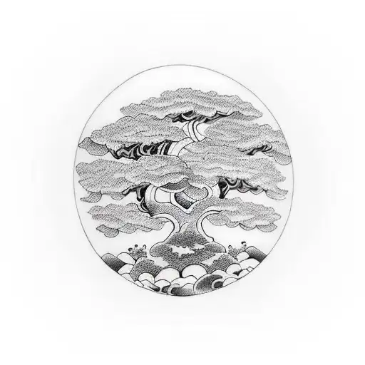 In Ying Yang Add 1 Coconut Tree In 1 Side And 1 Guava Tree In Other Side