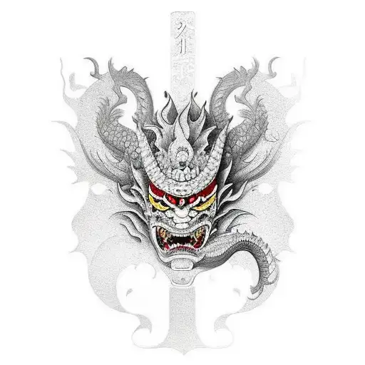 Hannya Mask With A Woman In The Inside And A Dragon Around