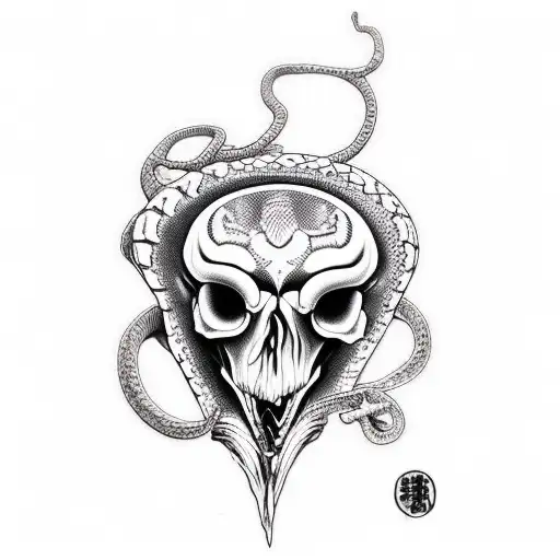 Snake Skull Heart Broken Holding A Hreat Blood Pattrens Black And Wihte