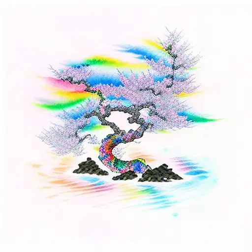 Cherry Blossom Tree Rainbow Water Color Wind
