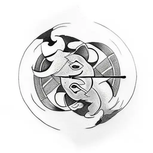 A Minimalist Tattoo Of A Yin Yang Symbol Made Up Of Cat And Sword Silhouettes