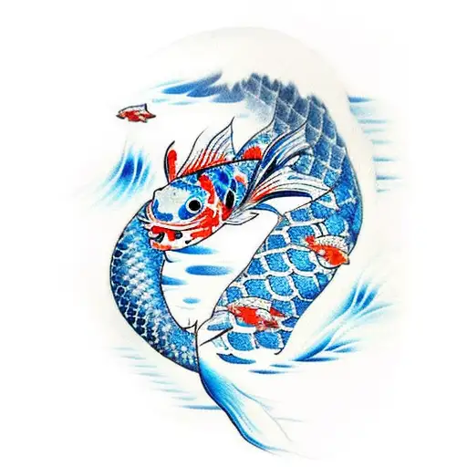Blue Koi Swimming Up A Waterfall With A Black Dragon At The Top Of The Waterfall