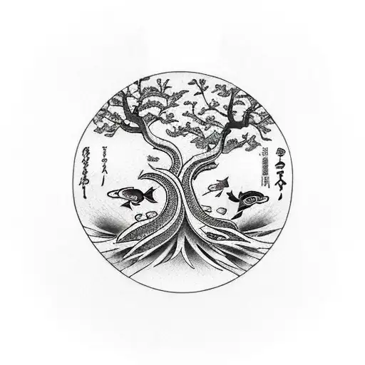 Rise From Ashes With Koi Fish And Tree Of Life