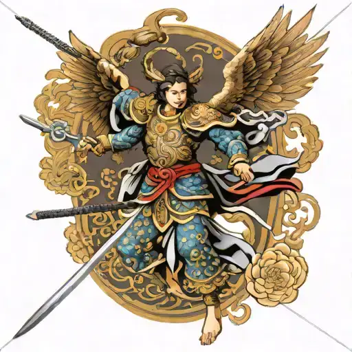 Elegant Badas Archangel Michael Sticking Long Sword Into Ground With Wings Spread Out
