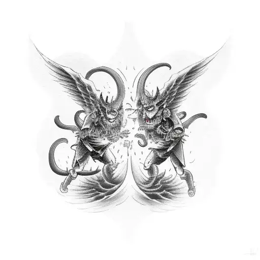 Devil And Angel Fighting Inside A Cloud