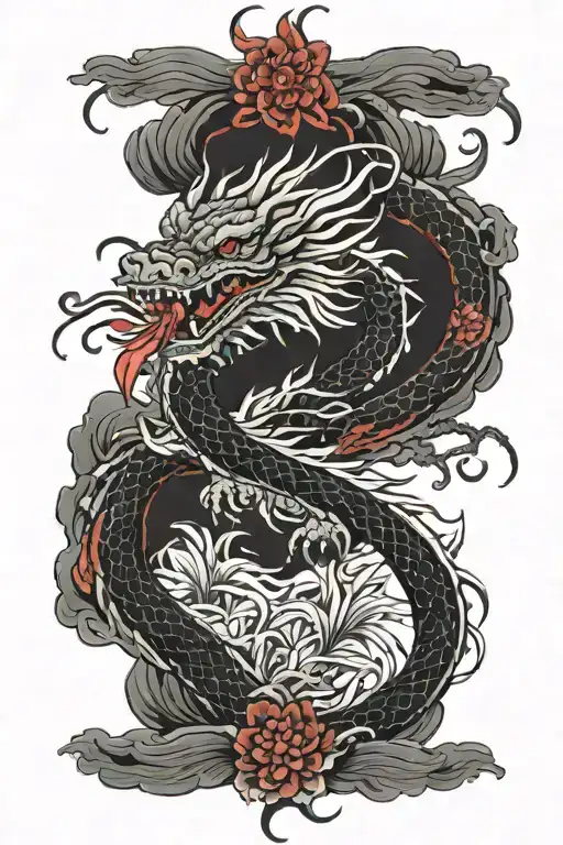 Black And White Japanease Dragon With Red Spider Lily