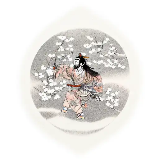 A Minimalist Tattoo Of A Samurai Reading A Book On A Cherry Blossom Tree