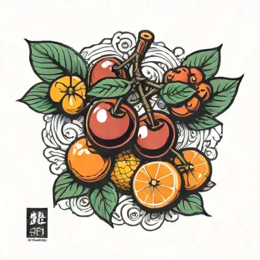 Cute And Mini Design Of Cherries And Oranges Intertwined With A White Standing Microphone