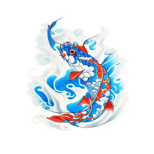 Blue Koi Swimming Up A Waterfall With A Black Dragon