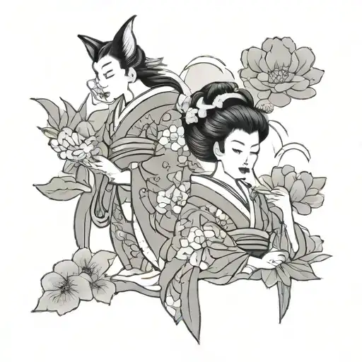 Geisha And Tengu With Lotus