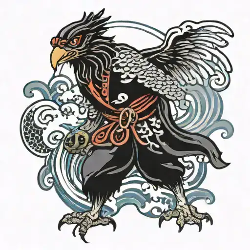 Tengu With Fan And Black Sea Waves