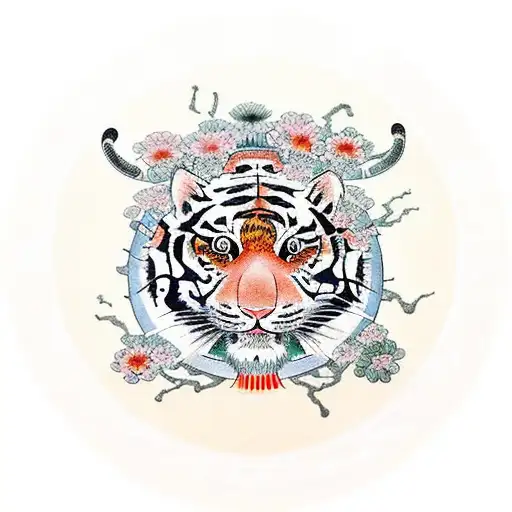 Ancient Chinese With Flowers And Tigers Circle