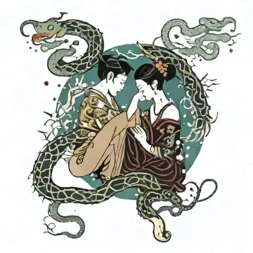 A Surreal Scene Of Gemini Twins Painting The Night Sky With Snakes As Their Muses