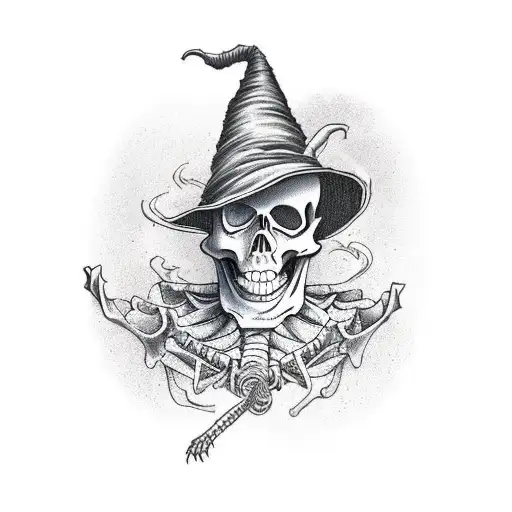 A Skeleton Wearing A Witch Hat And Making A Potion
