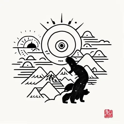 A Sun With A Very Small Black Bear Climbing A Mountain Inside
