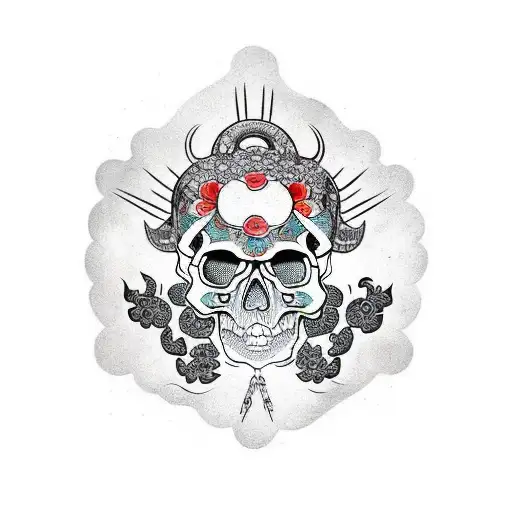 Real Skull With Japanese Pattern Background