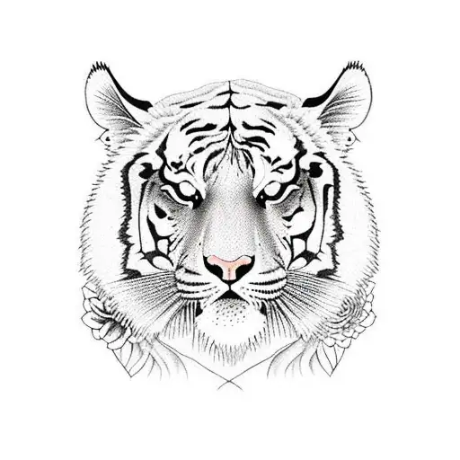 Tiger With Japanese Flowers