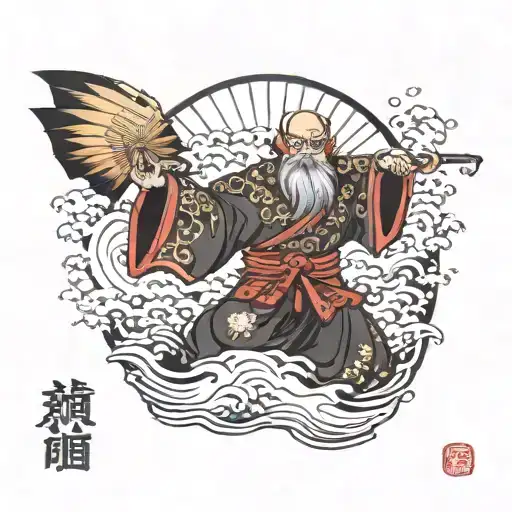 Yamabushi Tengu With Fan And Black Sea Waves