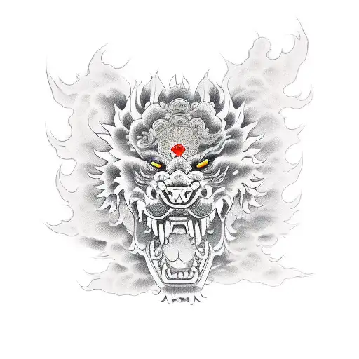 Foo Dog Head With Smoke And Guardian Kanji Left Hand With Less Detail