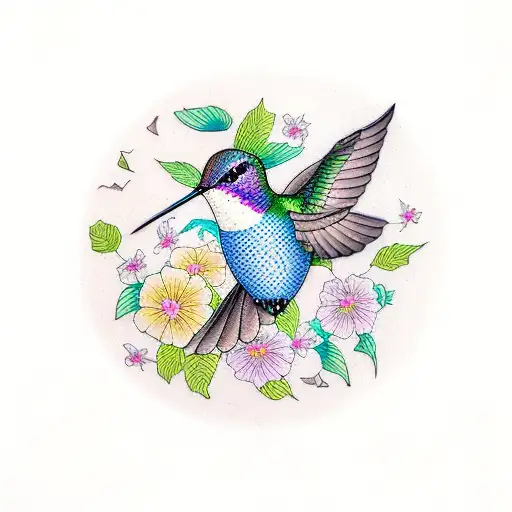 Hummingbird With Flowers In A Rectangle