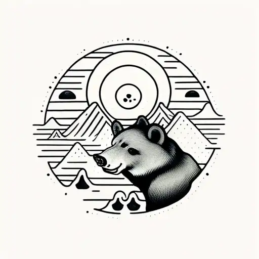 A Sun With A Small Black Bear Climbing A Mountain Inside